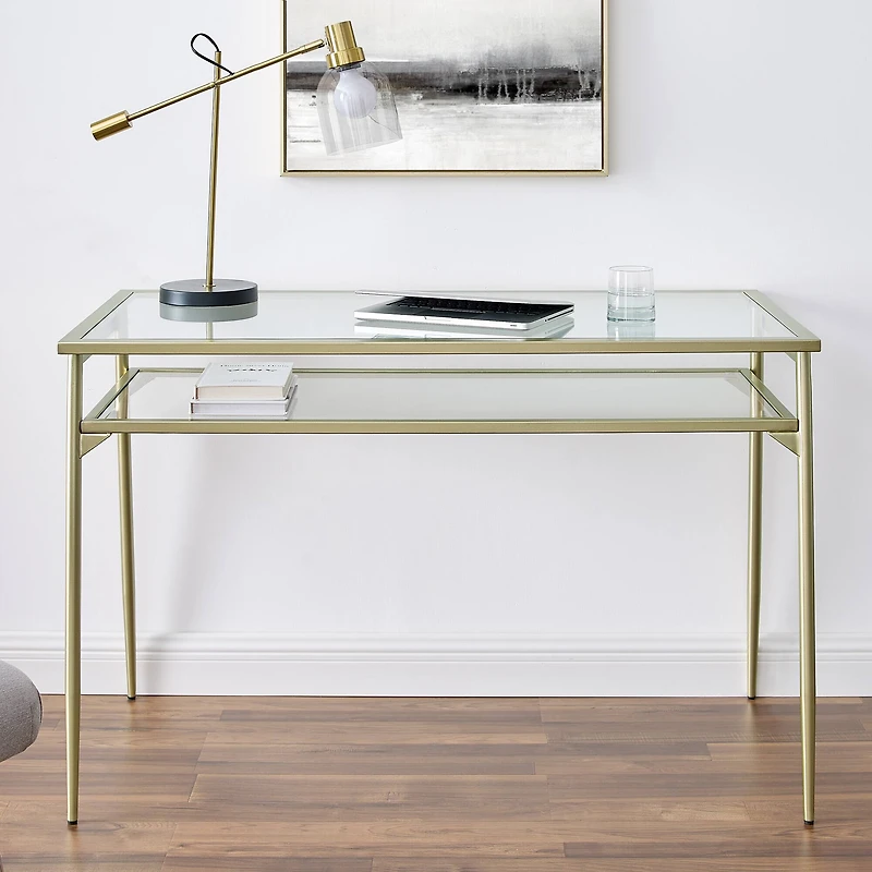 Walker Edison 48" Gold Two Tier Glass & Metal Desk