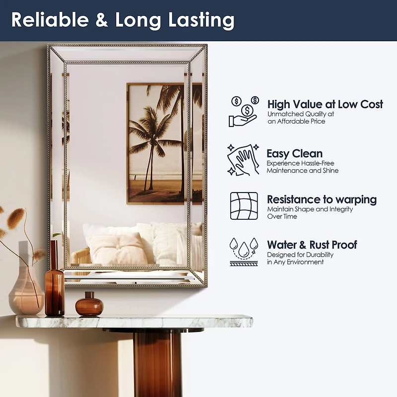 Silver Champagne Beaded Frame Accent Beveled Wall Mirror - 30" x 42"