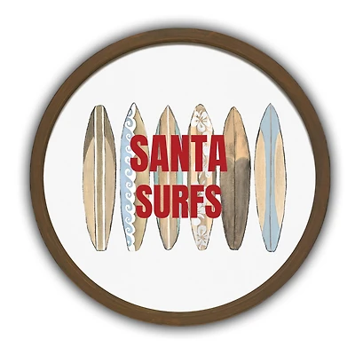 20" Round Santa Surfs Christmas Brown Framed Wall Décor