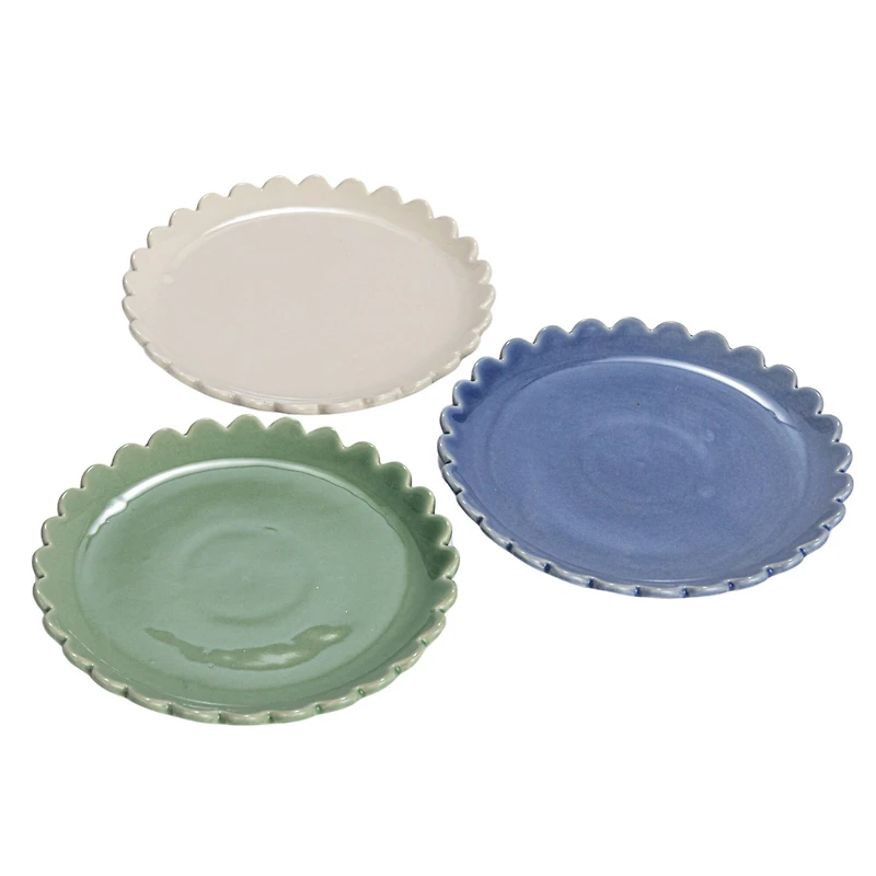 Hello Honey® 8" Blue, Green & Cream Round Stoneware Plate with Scalloped Edge Set