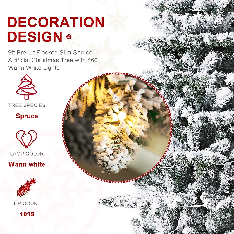 9ft. Pre-Lit Flocked Slim Spruce Artificial Christmas Tree, Warm White LED Lights