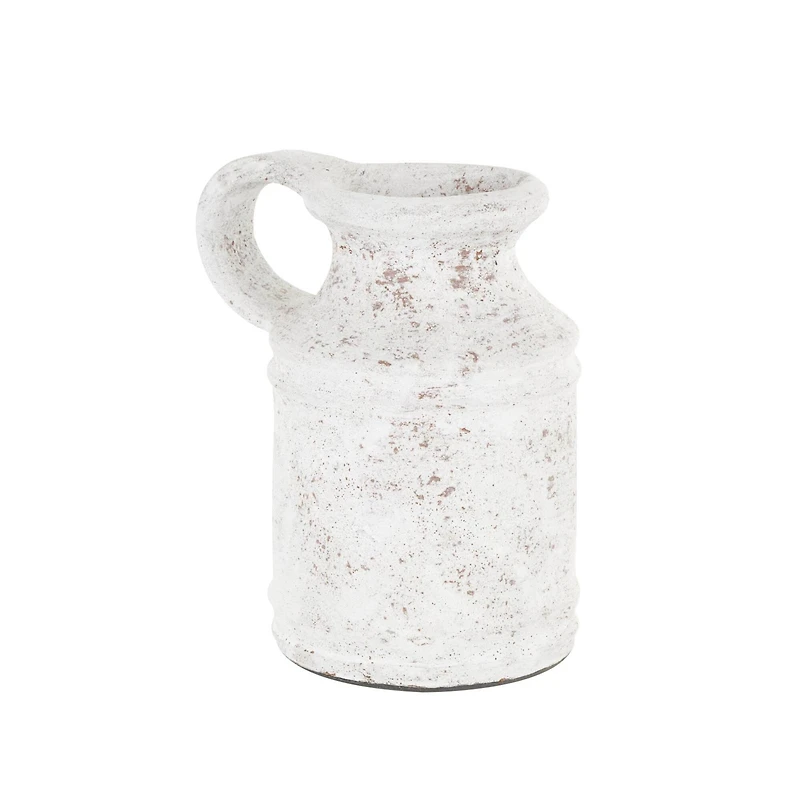 10" White Ceramic Antique Style Textured Vase with Terracotta Accents and Ring Handle