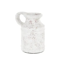 10" White Ceramic Antique Style Textured Vase with Terracotta Accents and Ring Handle