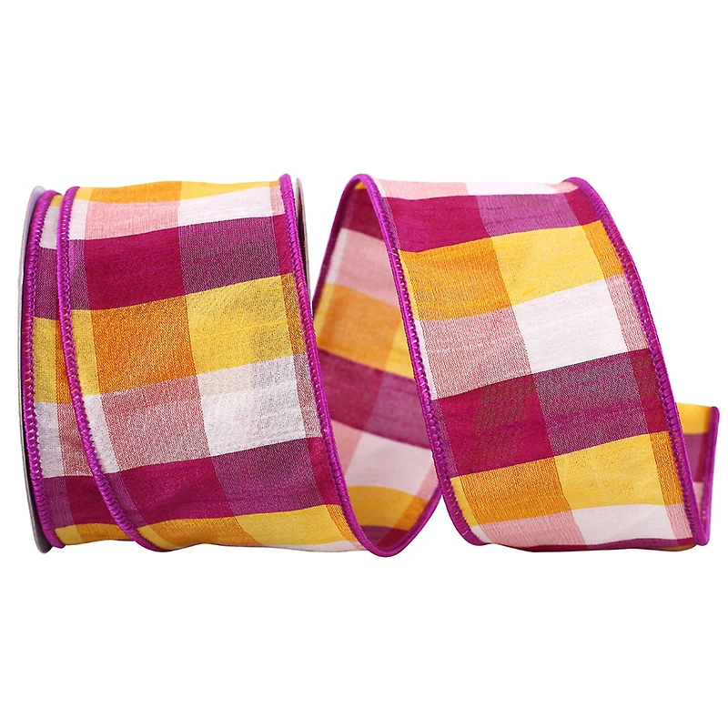 JAM Paper 2.5" x 10yd. Pink & Yellow Afternoon Plaid Dupioni Wired Ribbon