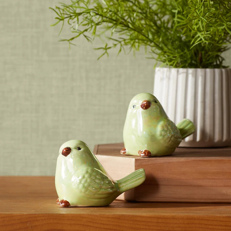 Iridescent Green Ceramic Bird Figurines Set