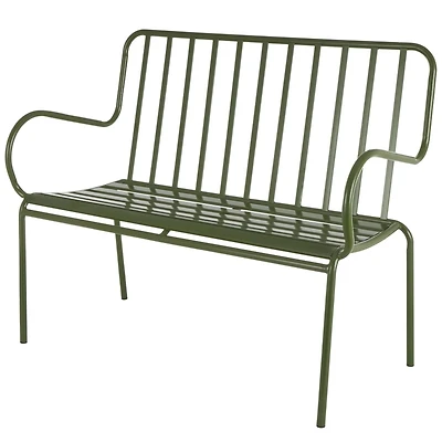 44.25" Green Metal Slatted Outdoor Bench with Curved Armrests