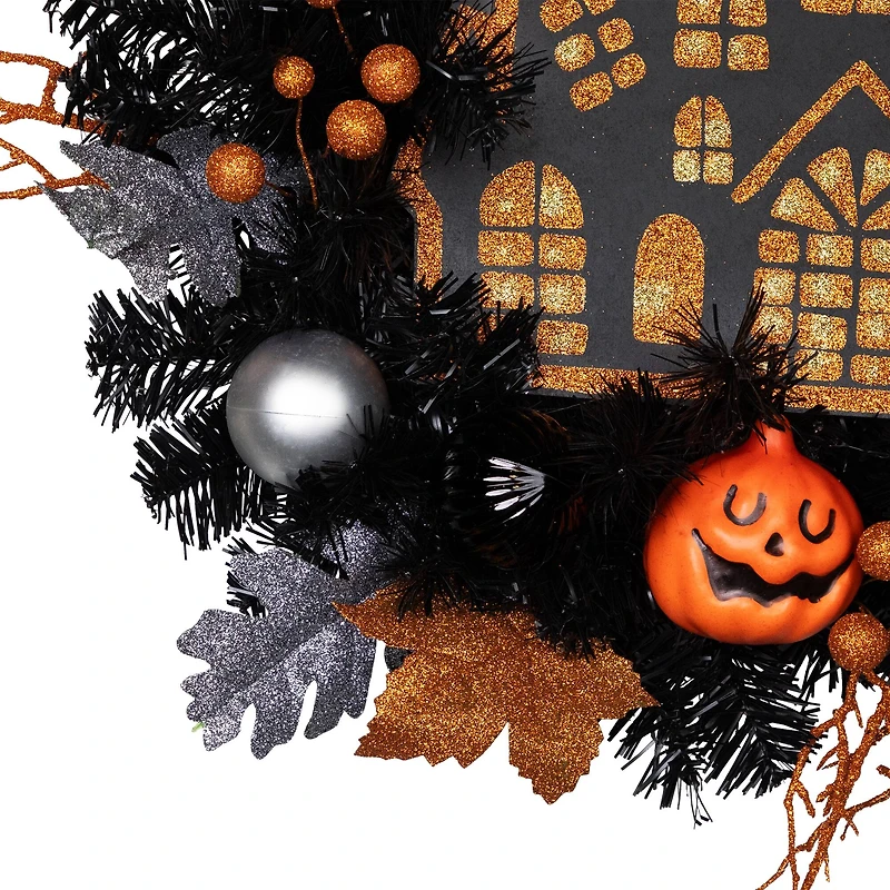 24'' Unlit Orange and Black Haunted House Halloween Wreath