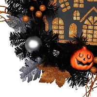 24'' Unlit Orange and Black Haunted House Halloween Wreath