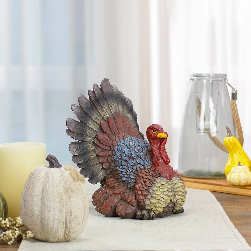 11" Brown, Red & Blue Fall Harvest Turkey Tabletop Figurine