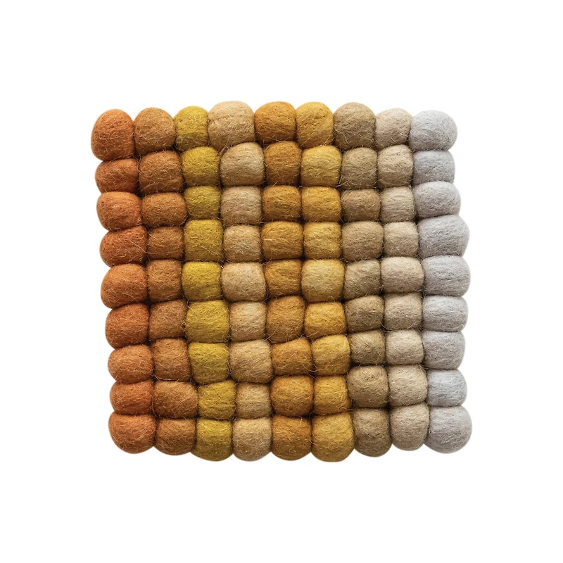 Hello Honey® 7.5" Yellow, Orange & Cream Handmade Wool Felt Ball Square Trivet