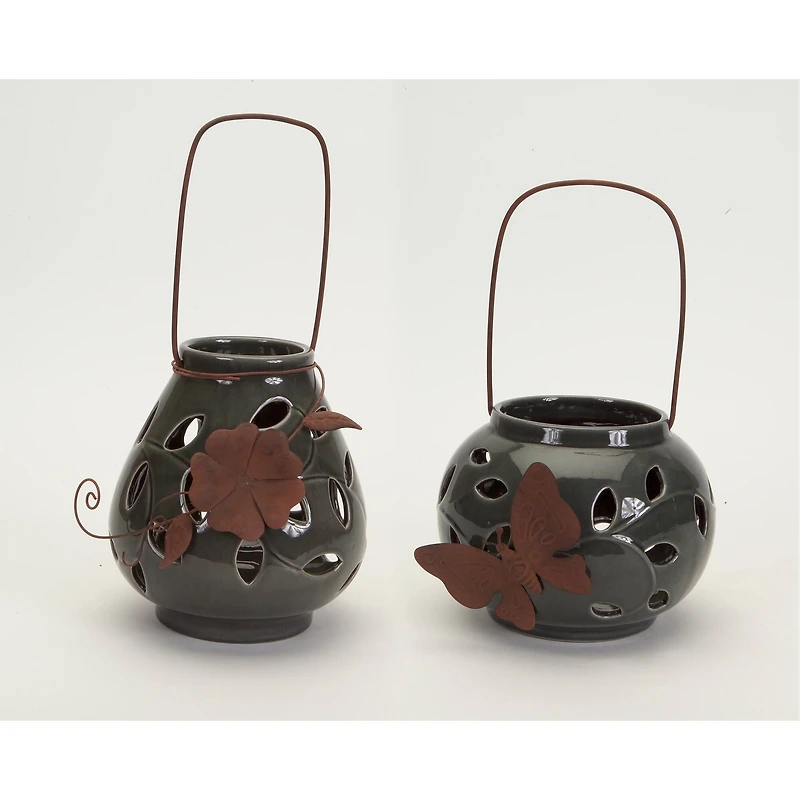 Gray and Rust Ceramic & Metal Leaf Pattern Lantern Set, 6.25'' & 7.75''