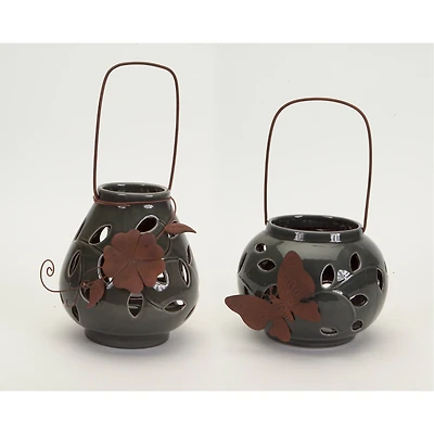 Gray and Rust Ceramic & Metal Leaf Pattern Lantern Set, 6.25'' & 7.75''