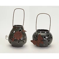 Gray and Rust Ceramic & Metal Leaf Pattern Lantern Set, 6.25'' & 7.75''