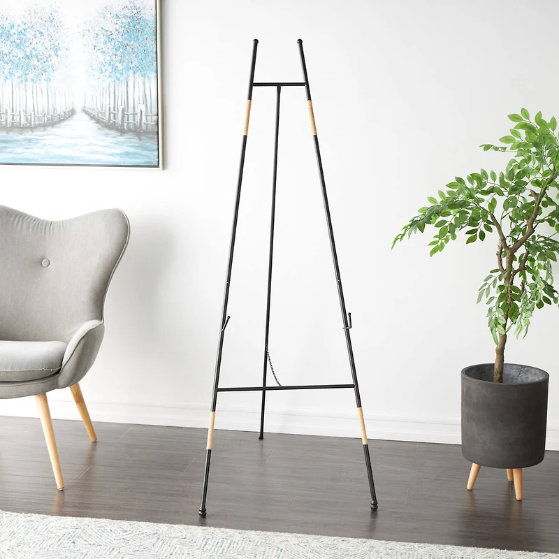 64" Black Metal Slim Foldable 2-Tier Easel with Wrapped Rattan Accents