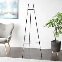 64" Black Metal Slim Foldable 2-Tier Easel with Wrapped Rattan Accents