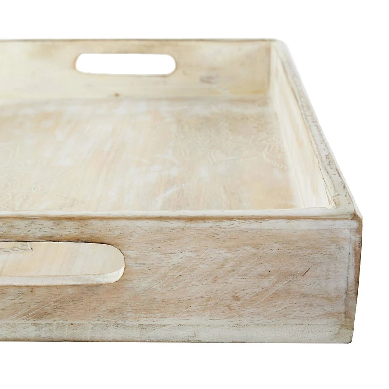 Whitewashed Carved Mandala Mango Wood Tray Set