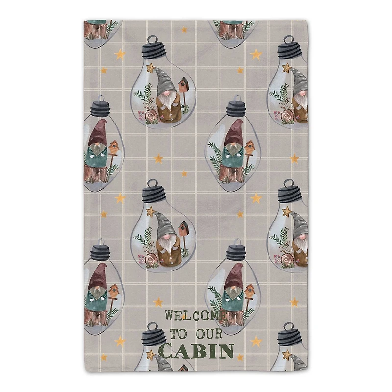 Welcome to our Cabin Gray and White Check Gnome Globe Pattern Tea Towel - Set of 2