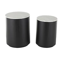 Black Metal Nesting Accent Table with Faux White Marble Top Set