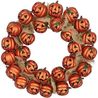 20'' Unlit Jack-O-Lantern and Burlap Ribbon Halloween Wreath
