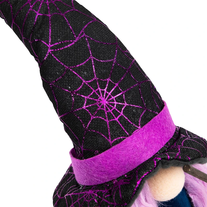 15" Black & Purple Halloween Gnome Witch with Broom