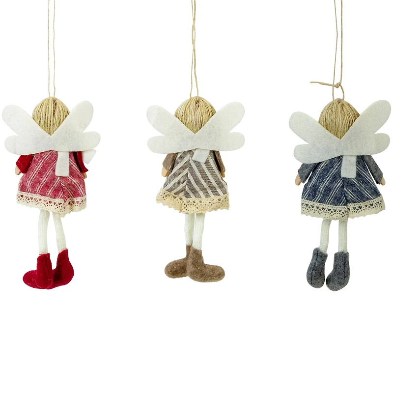 Angel Doll with Wings Christmas Ornaments - 6" - Red  Brown and Blue - Set of 3