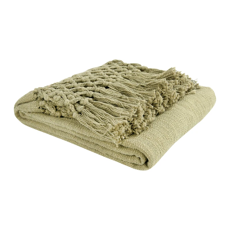 Hello Honey® Olive Woven Cotton Throw Blanket with Crochet & Fringe