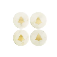 Hello Honey® 4" White Round Marble Coasters with Brass Tree Inlay, 4ct.