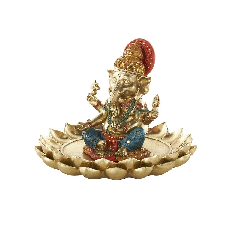 9.5" Long Gold Ganesh Sculpture with Lotus Plate