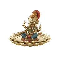 9.5" Long Gold Ganesh Sculpture with Lotus Plate