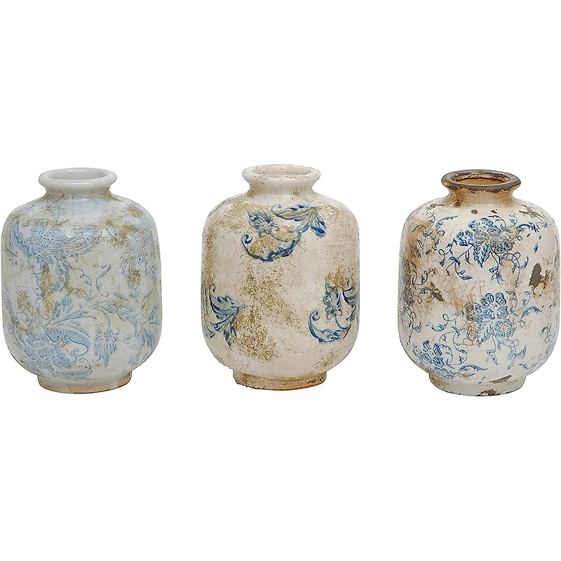 Hello Honey® Blue & White Heavy Distressing Decorative Terracotta Vases Set