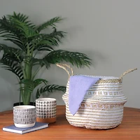 15" Beige & White Large Seagrass Belly Basket with Handles