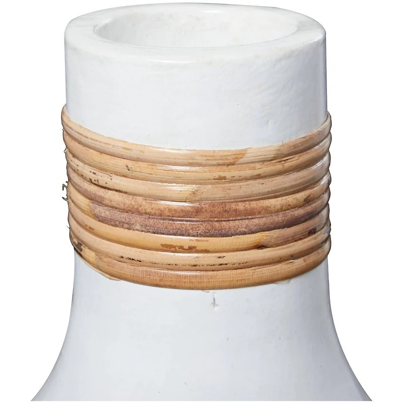 20" White Ceramic Vase with Wrapped Rattan Detailing