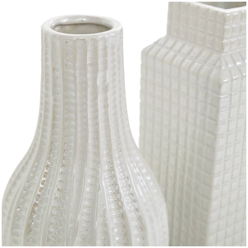 8" Cream Ceramic Geometric Textured Vase Set
