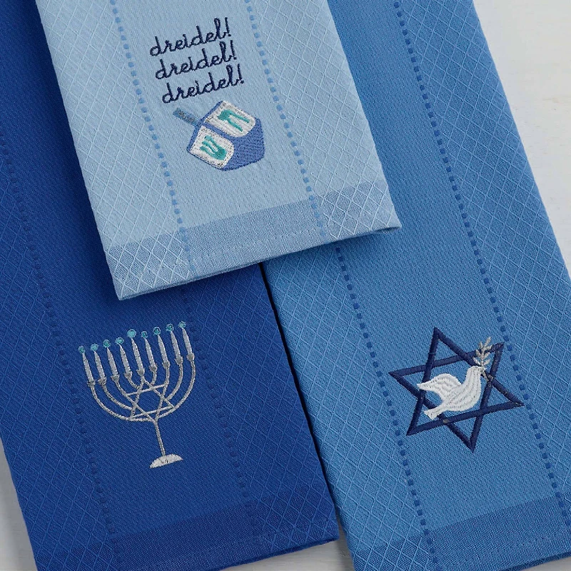 DII® Assorted Blue Hanukkah Embroidered Dishtowels Set