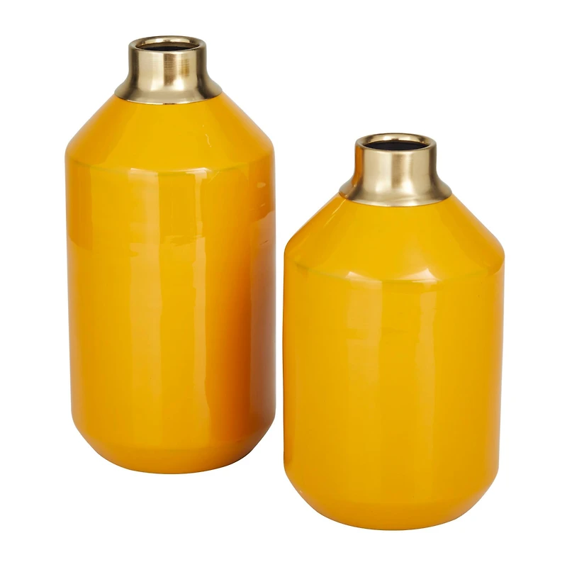 The Novogratz Set of 2" Yellow Metal Modern Vase, 10" x 5" x 5"