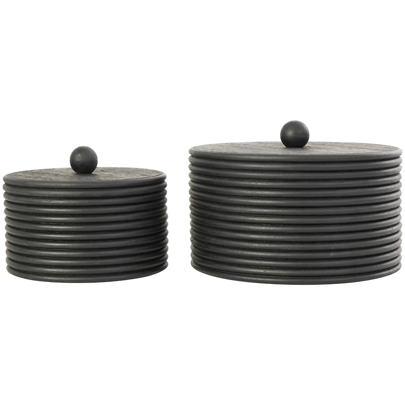 Black Wooden Round Ribbed Storage Box Set