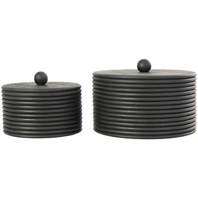 Black Wooden Round Ribbed Storage Box Set