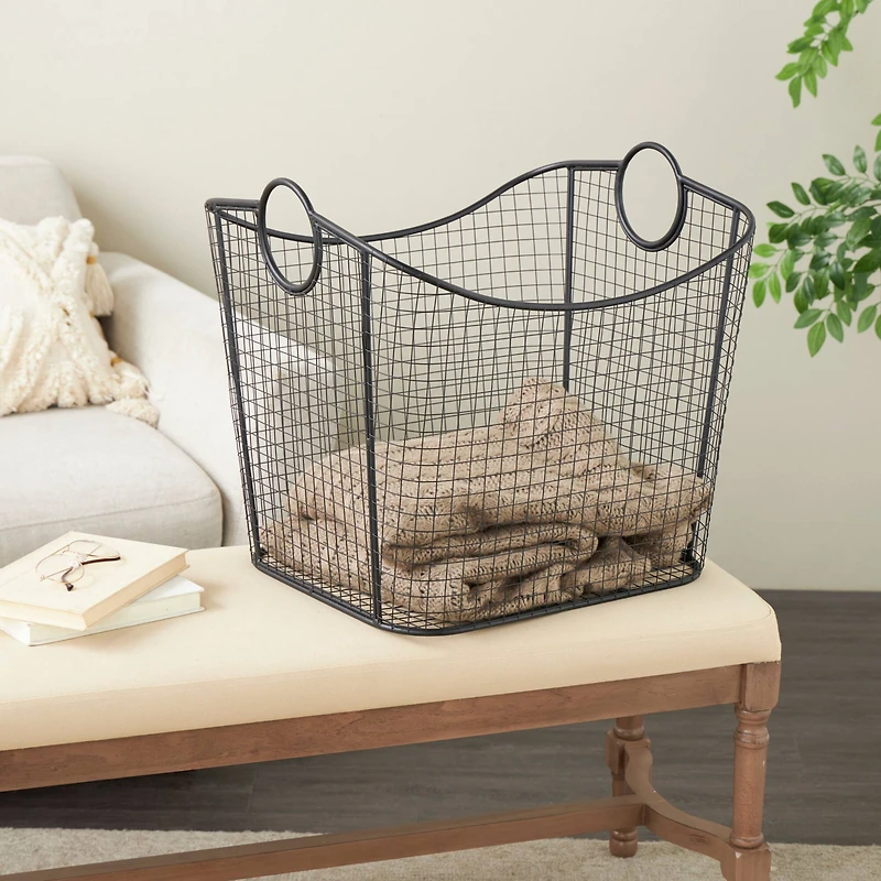 20" Black Metal Storage Basket with Curved Sides & Ring Handles