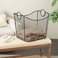 20" Black Metal Storage Basket with Curved Sides & Ring Handles