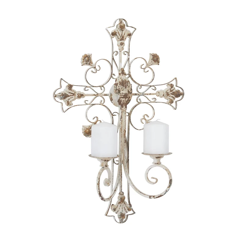 White Iron French Country Wall Sconce, 24" x 17" x 5"