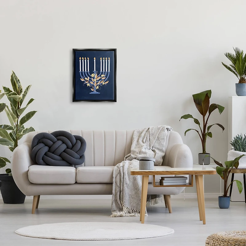 Stupell Industries Traditional Floral Hanukkah Menorah Framed Floater Canvas Wall Art