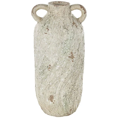 15.5" Cream Magnesium Oxide Antique Textured Amphora Decorative Vase with 2 Small Handles