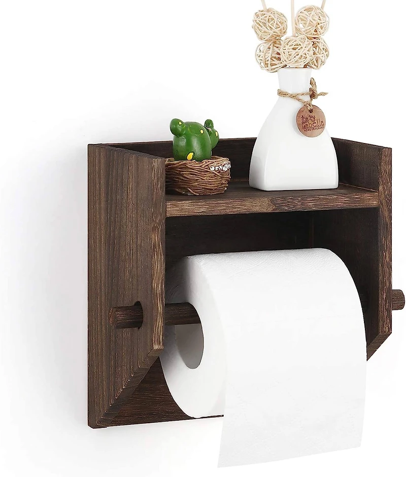 Rustic Brown Wood Toilet Paper Holder Wall Mount with Shelf