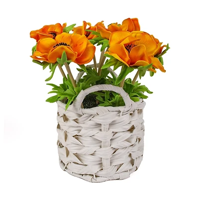 10" Anemone Flower Bouquet In White Basket