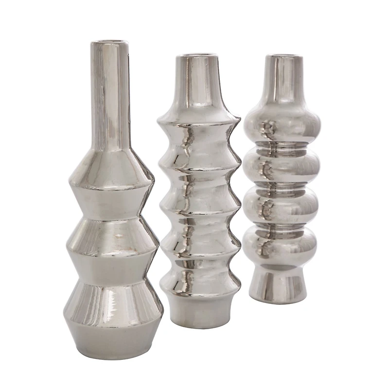 Silver Ceramic Abstract Bubble Ribbed Vase Set
