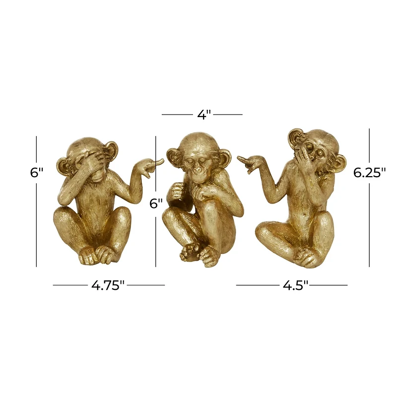 6" Gold Polystone Monkey Sculpture Set