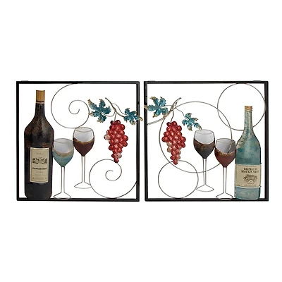 Set of 2 Multi Colored Metal Traditional Wine Wall Decor, 20" x 20"