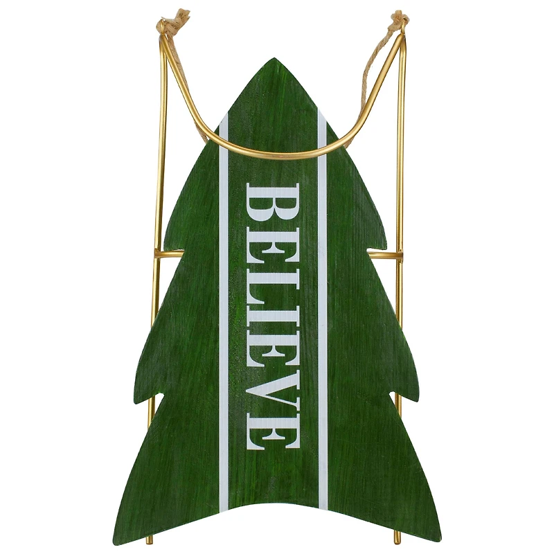 18.25'' Green Wooden Believe Christmas Snow Sled Decoration