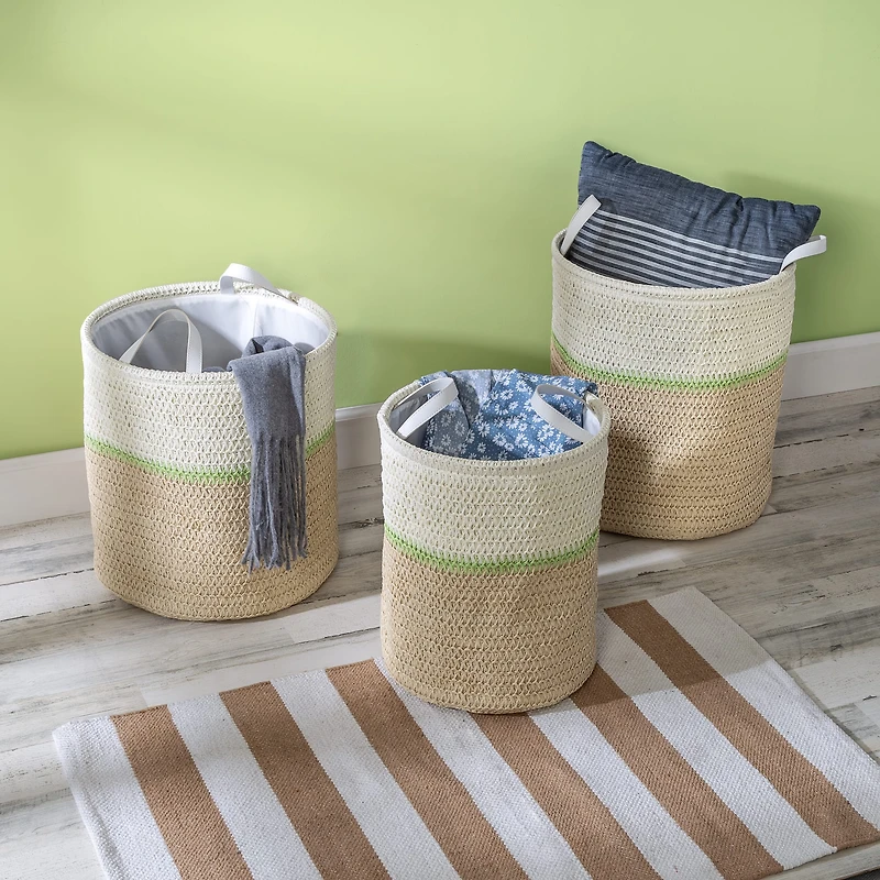 Honey Can Do Green & Beige Small Nesting Paper Straw Baskets with Handles Set