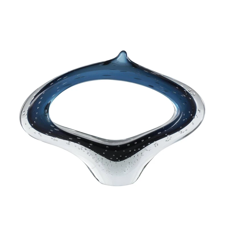 15.5" Wide Dark Blue Abstract Glass Sculpture with Bubble Texture